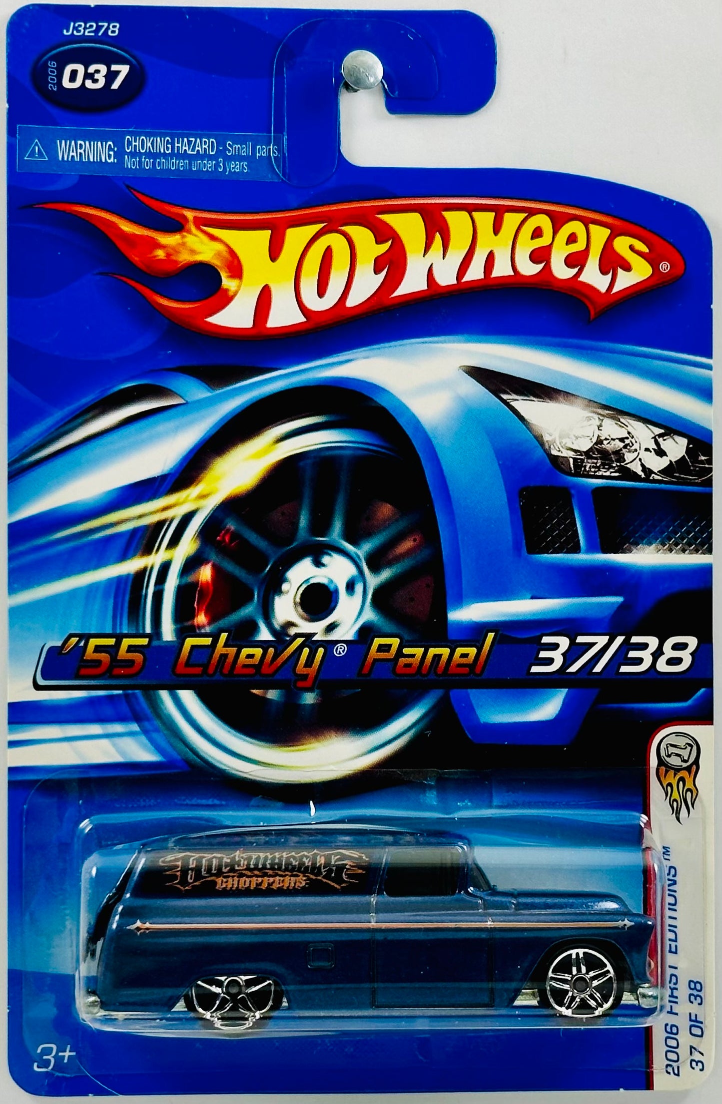 Hot Wheels 2006 - Collector # 037/223 - First Editions 37/38 - '55 Chevy Panel - Metallic Blue / 'Hot Wheels Choppers' - Motorcycle in Rear - Metal/Metal - 'Low Production' - USA '06