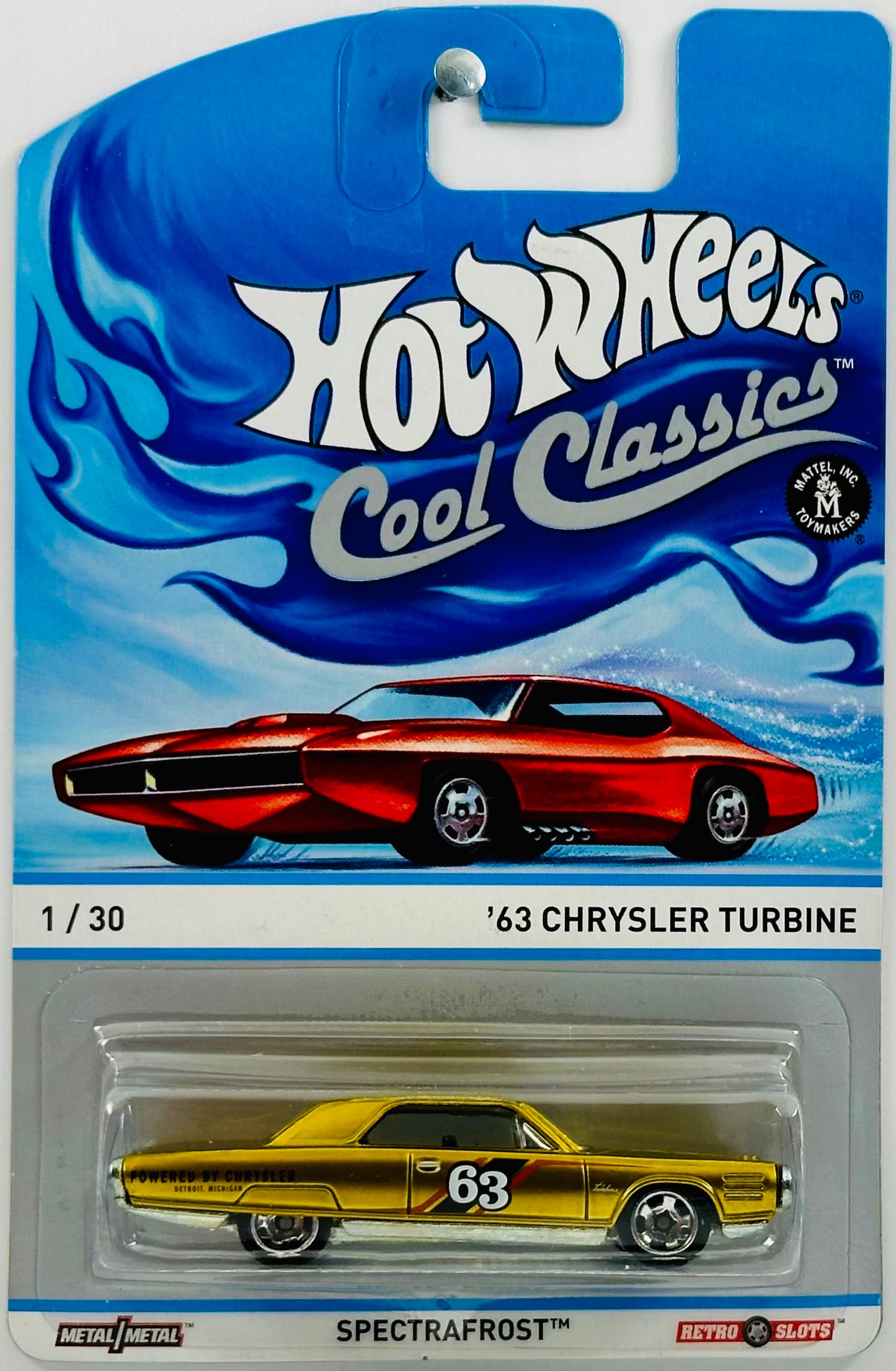 Hot Wheels 2013 - Cool Classics 01/30 - '63 Chrysler Turbine - Spectrafrost Gold - Metal/Metal & Retro Slots - Red Car Card