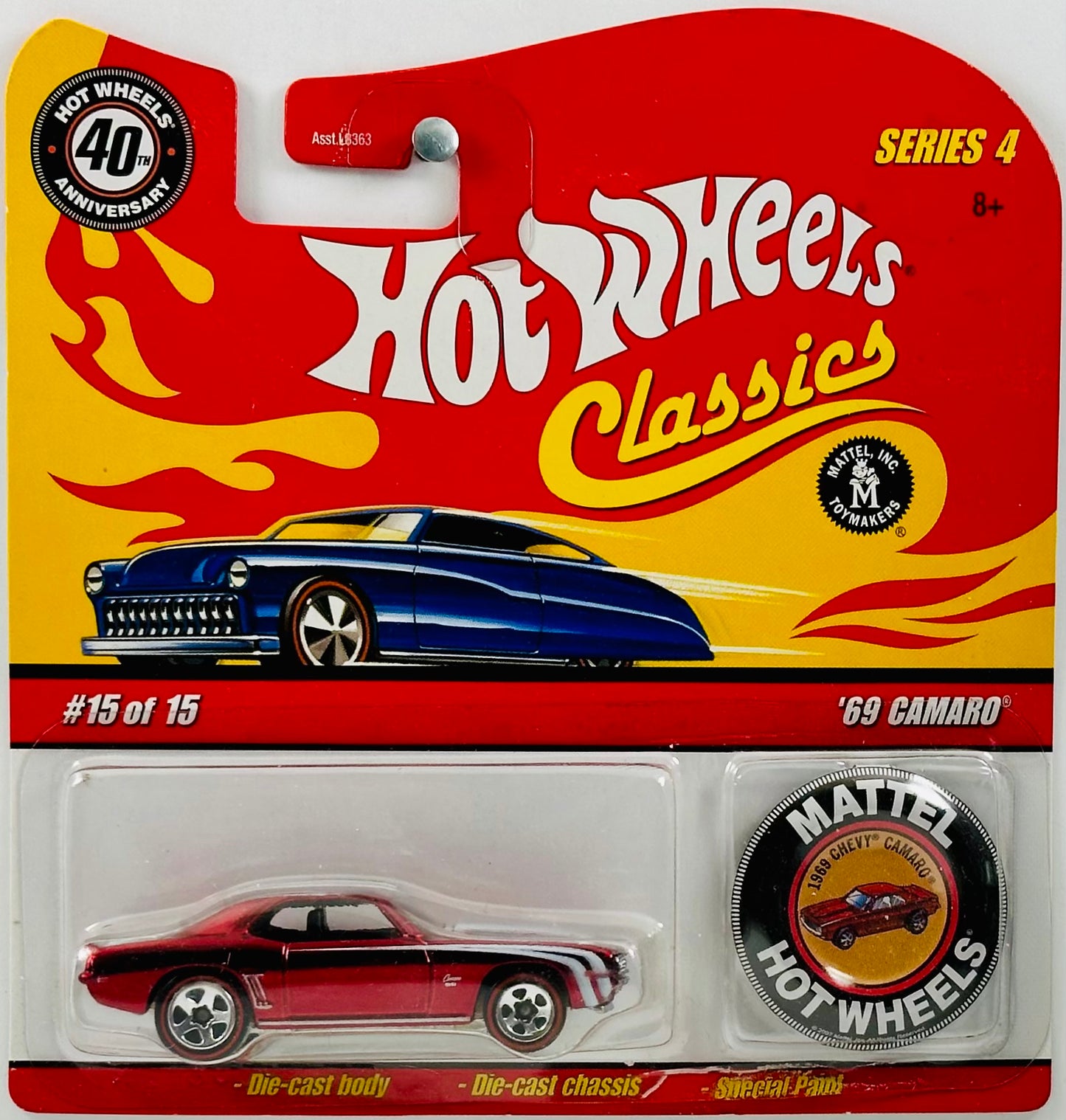 Hot Wheels 2008 - Classics Series 4 15/15 - '69 Camaro - Spectraflame Red - 5 Spoke on Red Lines - Large Blister Card
