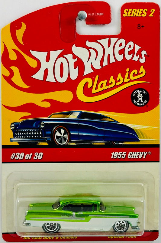 Hot Wheels 2006 - Classics Series 2 # 30/30 - 1955 Chevy - Spectraflame Green - White Line 7 Spoke - Metal/Metal
