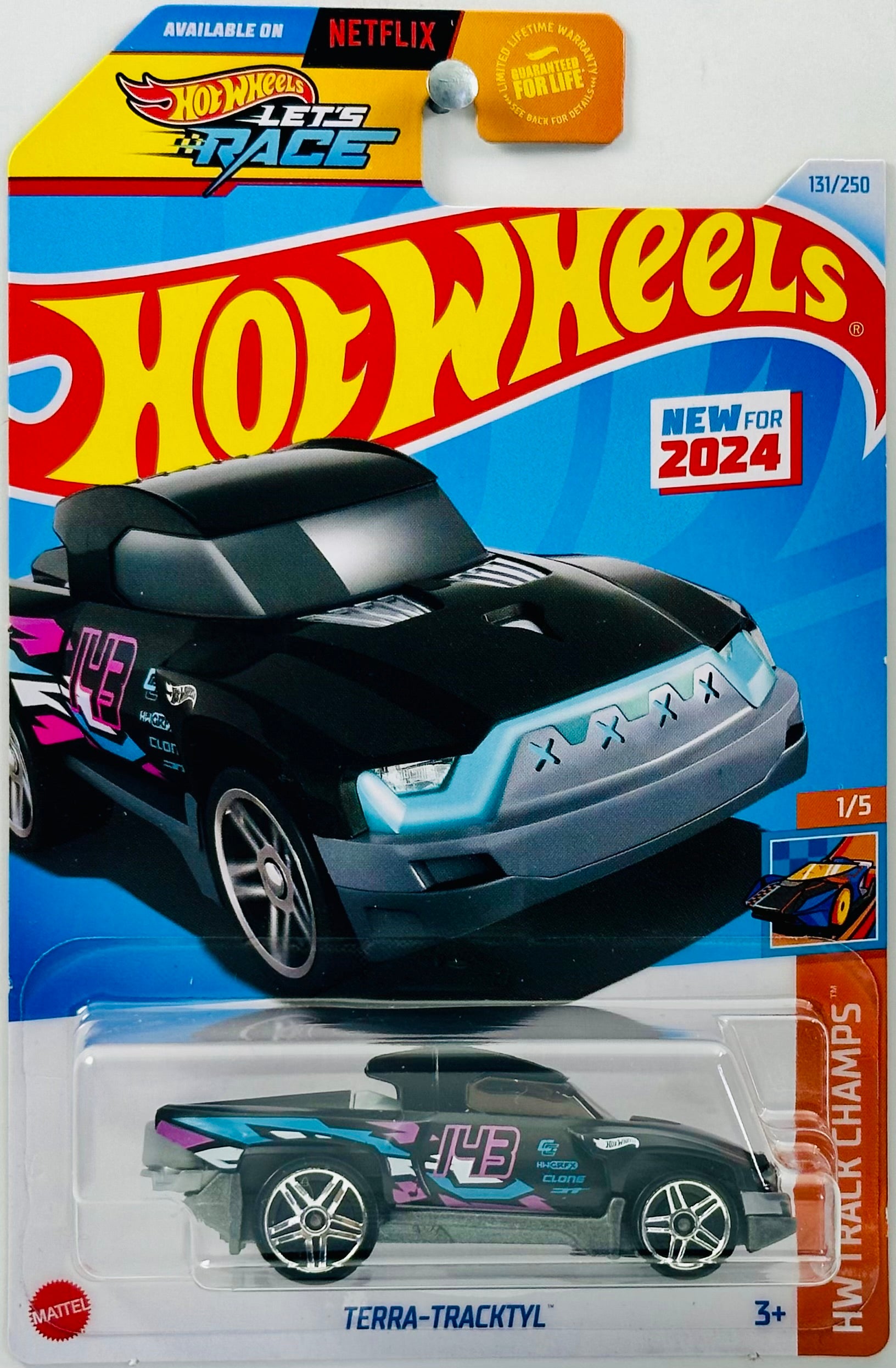 Hot Wheels 2024 - Collector # 131/250 - HW Track Champs 01/05 - New Models  - Terra-Tracktyl - Black - '143' - USA 'Let's Race' Card