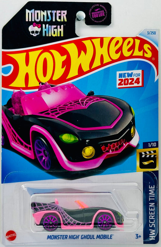 Hot Wheels 2024 - Collector # 003/250 - HW Screen Time 01/10 - New Models - Monster High Ghoul Mobile - Black - Pink Spider Web - USA 'Monster High' Card