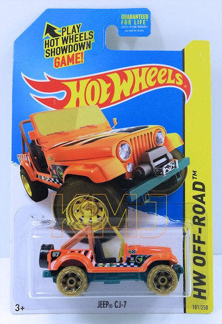 Hot Wheels 2015 - Collector # 101/250 - HW Off-Road / Jungle Rally / Treasure Hunts - Jeep CJ-7 - Orange / Circle Flame Logo on Front Fender Side - USA Card