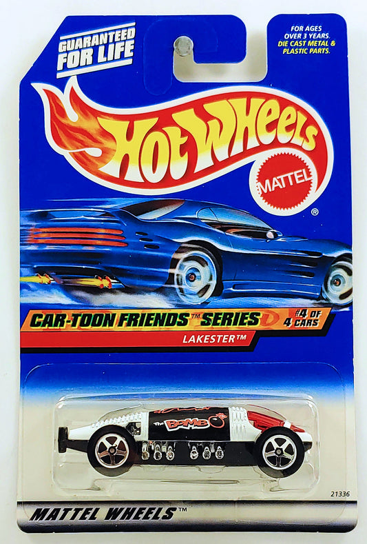 Hot Wheels 1999 - Collector # 988 - Car-Toon Friends Series 4/4 - Lakester - White / Borris - USA Blue Car Card