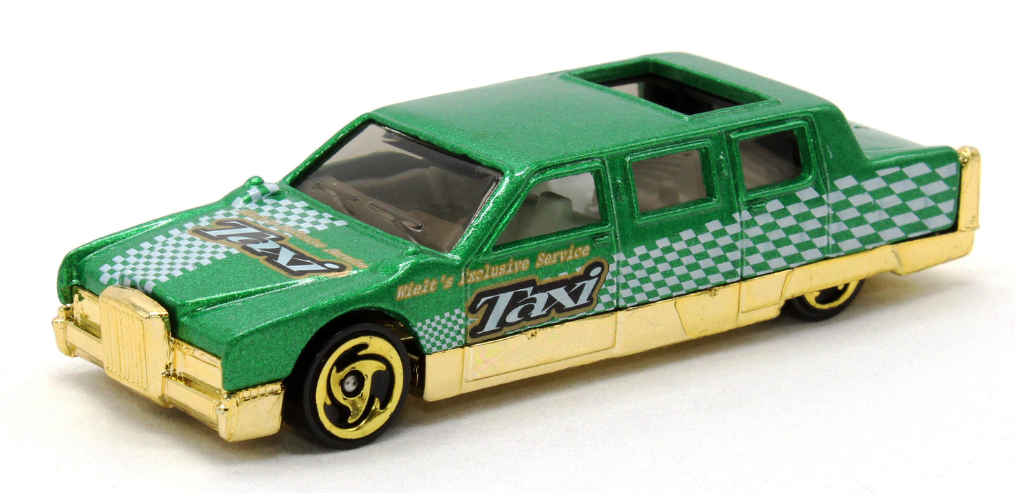 Hot Wheels 2001 - Collector # 054/240 - Turbo Taxi Series 2/4 - Limozeen - Metalflake Green / Taxi - Gold Sawblades - Malaysia - USA Card
