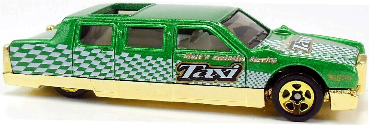 Hot Wheels 2001 - Collector # 054/240 - Turbo Taxi Series 2/4 - Limozeen - Metalflake Green / Taxi - Gold 5 Spokes - USA Card