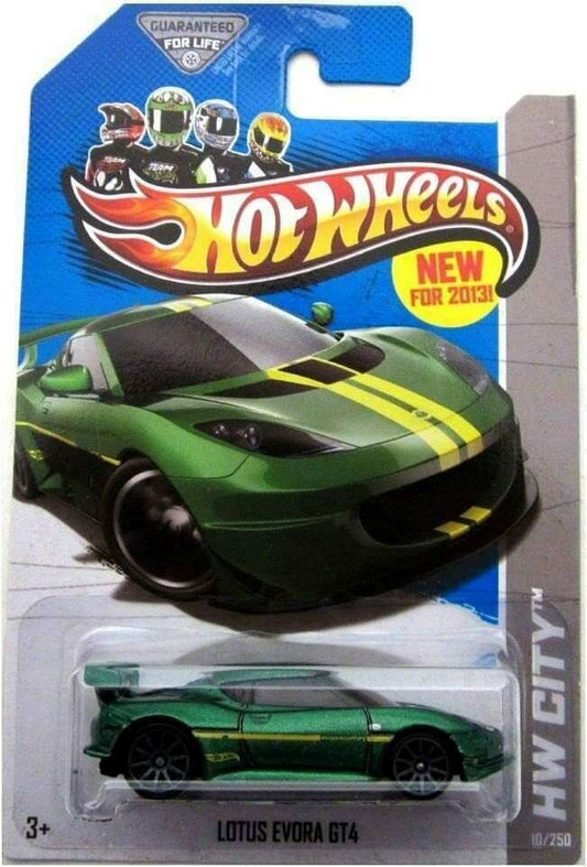 Hot Wheels 2013 - Collector # 010/250 - HW City / Street Power / New Models - Lotus Evora GT4 - Metalflake Dark Green / Yellow Stripes - 10 Spokes - USA Card