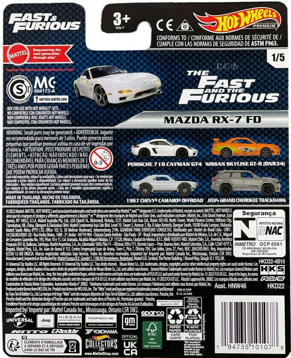 Hot Wheels 2023 - Premium / Fast & Furious # 1/5 - Mazda RX-7 FD - White - Metal/Metal & Real Riders