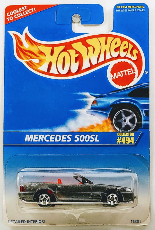 Hot Wheels 1996 - Collector # 494 - Mercedes 500SL - Gray Metallic - Corgi Casting - USA Blue & White Card