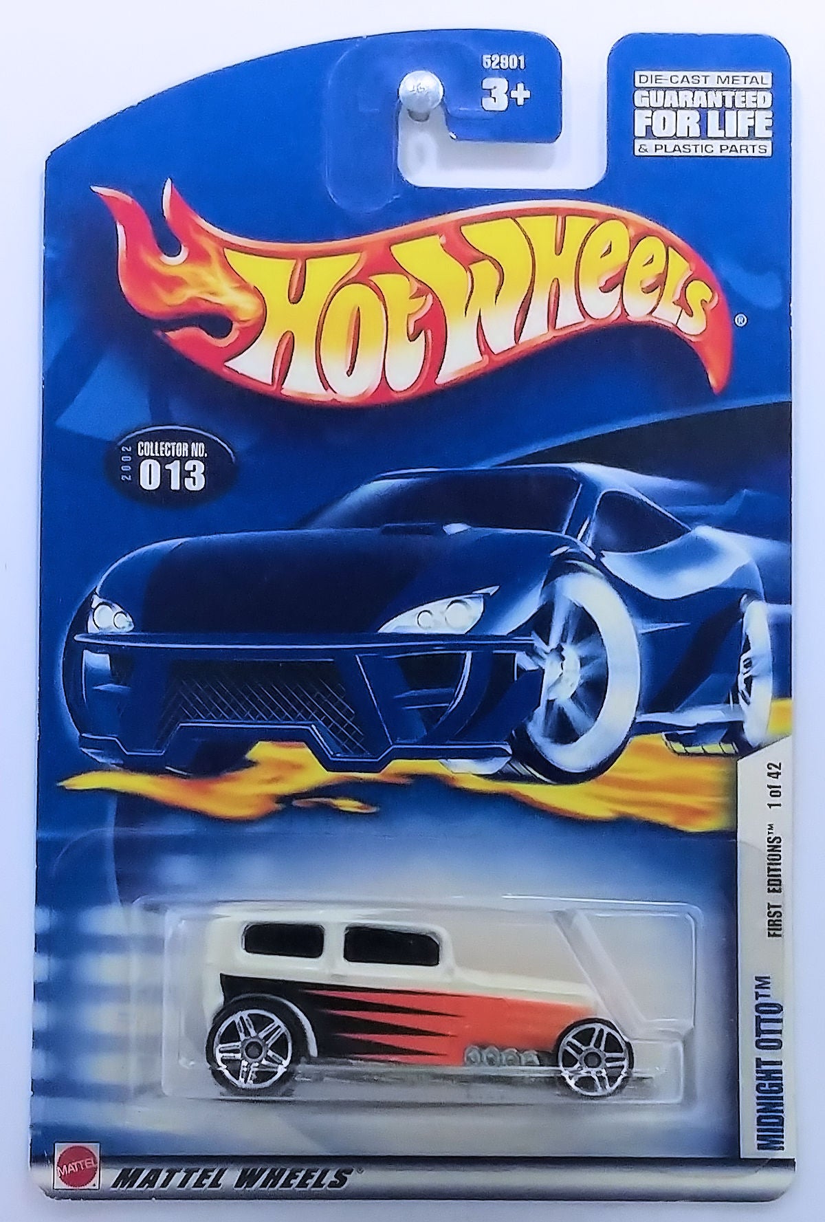 Hot Wheels 2002 - Collector # 013/240 - First Editions 1/42 - Midnight Otto - White - PR5 Wheels - USA Card
