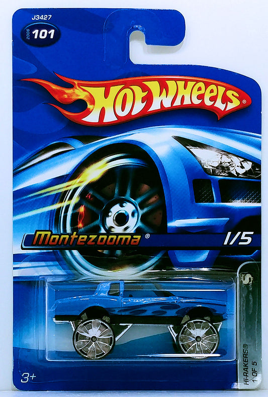Hot Wheels 2006 - Collector # 101/223 - Hi-Rakers 1/5 - Montezooma (Donk) - Blue / Flames - Bling Wheels - USA
