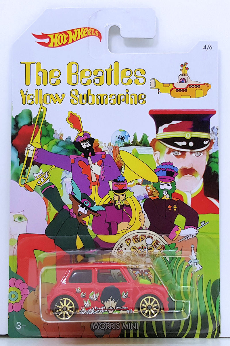 Hot Wheels 2016 - The Beatles - Yellow Submarine  # 4/6 - Morris Mini - Red - Gold 10 Spoke Wheels - Tinted Windows - Green Interior - Gold Chrome Plastic Base