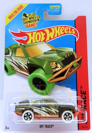 Hot Wheels 2014 - Collector # 184/250 - HW Race / Night Storm / Treasure Hunt - Off Track - Olive Drab / Circle Flame Logo on Roof Pillar - Glow in the Dark Tires - USA Card