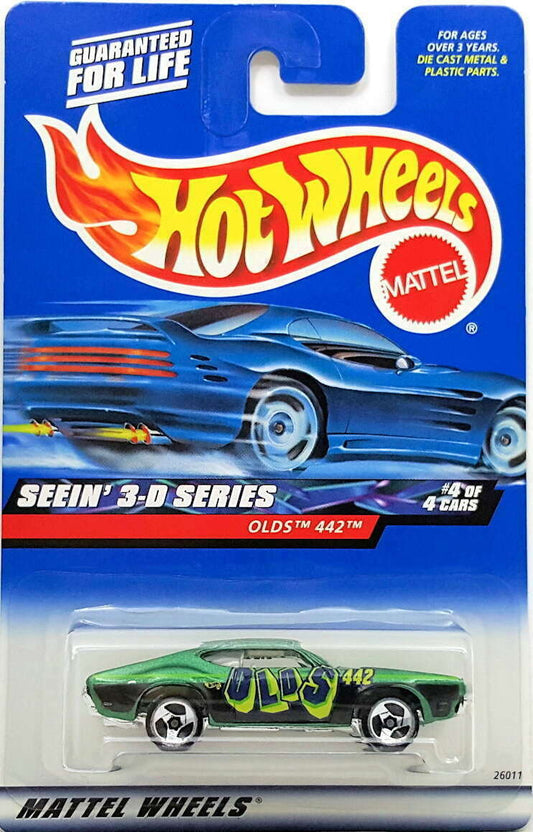 Hot Wheels 2000 - Collector # 012/250 - Seein' 3D Series 4/4 - Olds 442 - Green - 3 Spokes - USA 'Square' Card