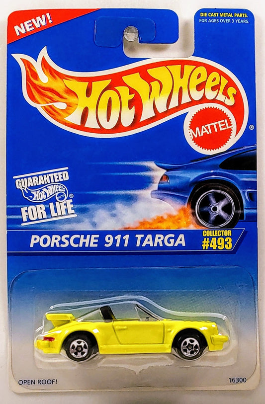 Hot Wheels 1996 - Collector # 493 - Porsche 911 Targa - Neon Yellow - All Small 5 Spokes - USA Blue & White Card