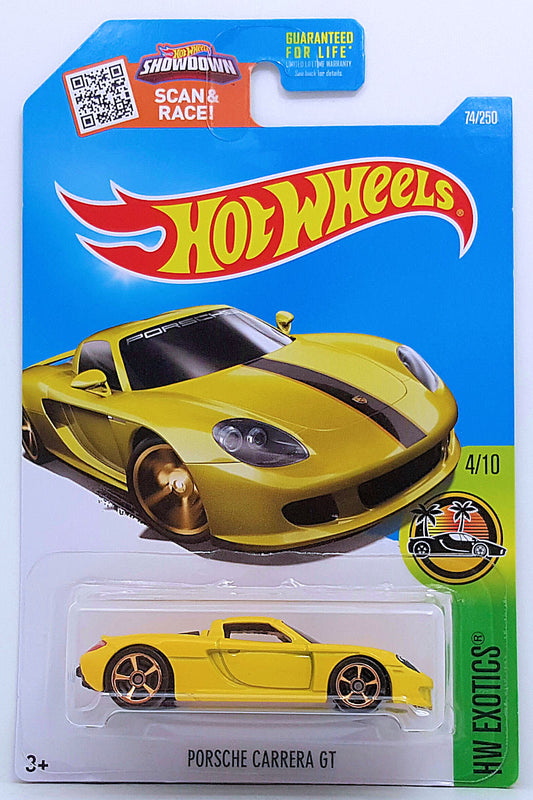 Hot Wheels 2016 - Collector # 074/250 - HW Exotics 4/10 - Porsche Carrera GT - Yellow - OH5SP - USA Card