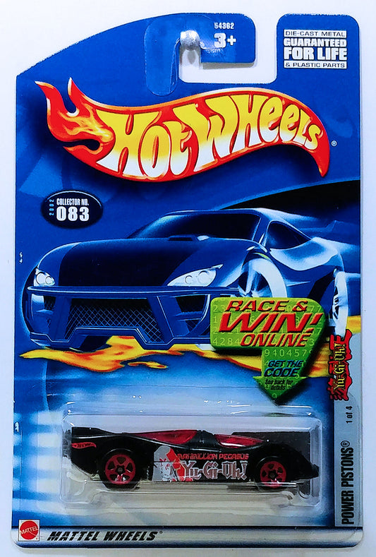 Hot Wheels 2002 - Collector # 083/240 - Yu-Gi-Oh Series 1/4 - Power Pistons - Black - USA 'Race & Win' Card - MPN 54362