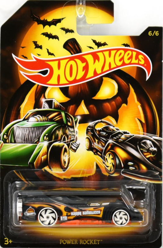 Hot Wheels 2019 - Happy Halloween! # 6/6 - Power Rocket - Black - Black RA6 Wheels on White Tires - No Windows - Chrome Interior &amp; Engine - Orange Metal Base