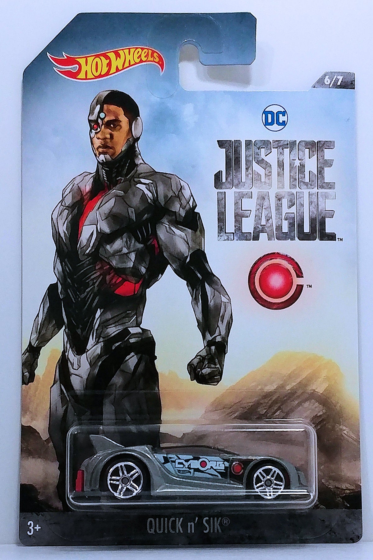 Hot Wheels 2018 - DC Comics / Justice League # 6/7 - Quick n' Sik- Gray / Cyborg Graphics - PR5 Wheels - Red Interior - Smoked Windows - Plastic Base - Walmart Exclusive