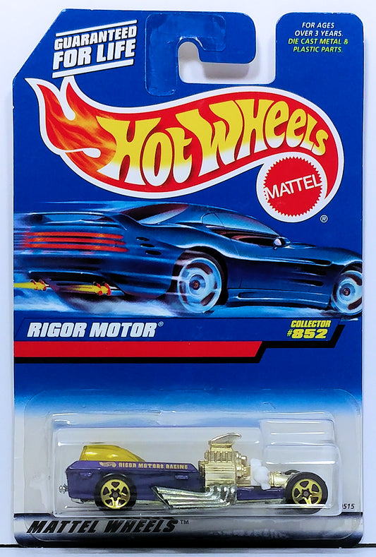 Hot Wheels 1998 - Collector # 852 - Rigor Motor - Purple - Gold 5 Spokes - Malaysia - USA 'Blue Car' Card
