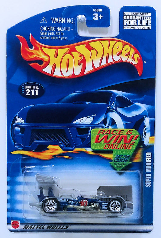 Hot Wheels 2002 - Collector # 211/240 - Super Modified - Blue - USA 'Race & Win' Card