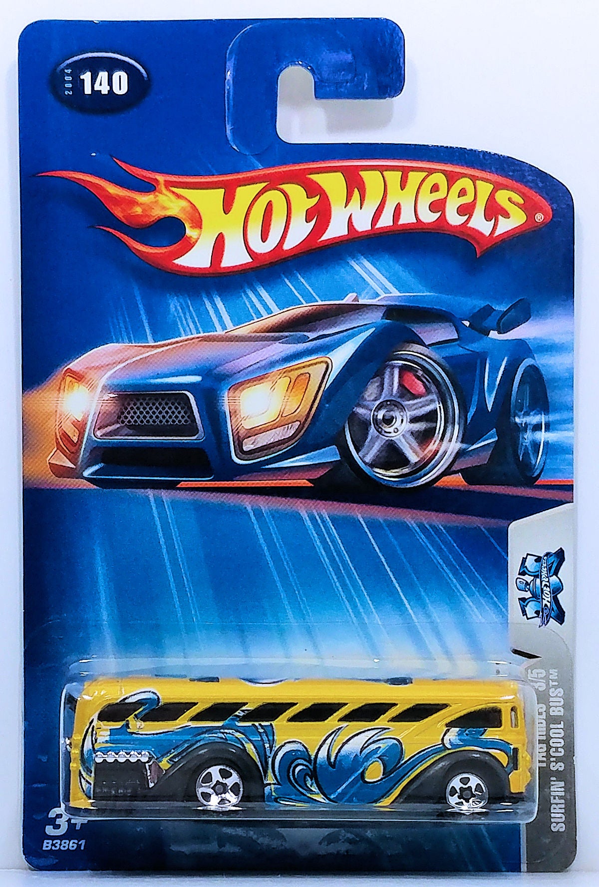 Hot Wheels 2004 - Collector # 140/212 - Tag Rides 3/5 - Surfin' S'Cool Bus - Yellow / Wave Graphics -Black Plastic Base - USA '05 Card
