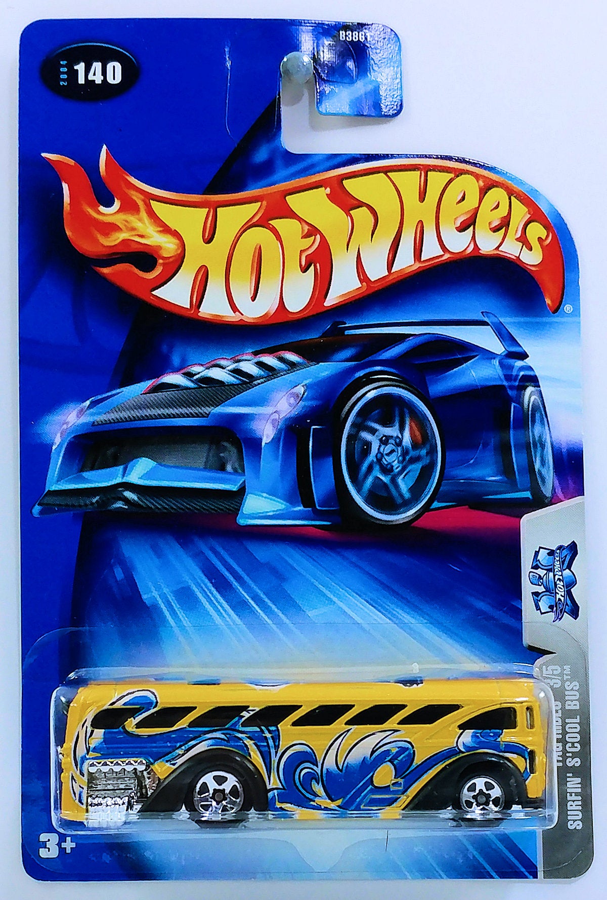Hot Wheels 2004 - Collector # 140/212 - Tag Rides 3/5 - Surfin' S'Cool Bus - Yellow / Wave Graphics - Chrome Base - USA '04 Card