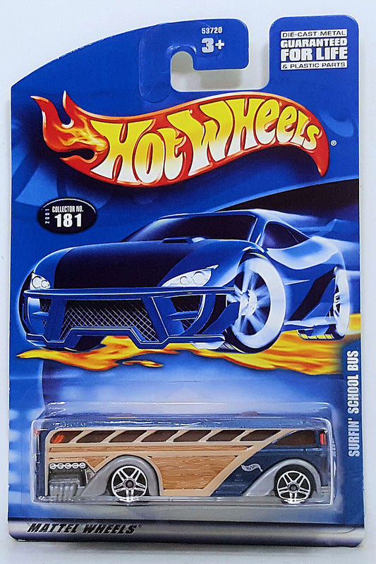 Hot Wheels 2001 - Collector # 181/240 - Surfin' School Bus - Metallic Dark Blue / Wood Grain - USA Card