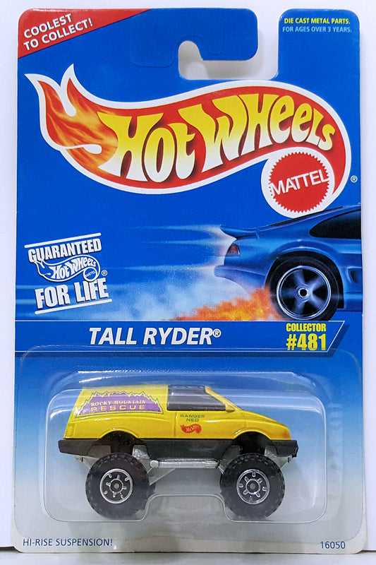 Hot Wheels 1996 - Collector # 481 - Tall Ryder - Yellow - CT Wheels - USA Blue & White Card - Toy # 16050