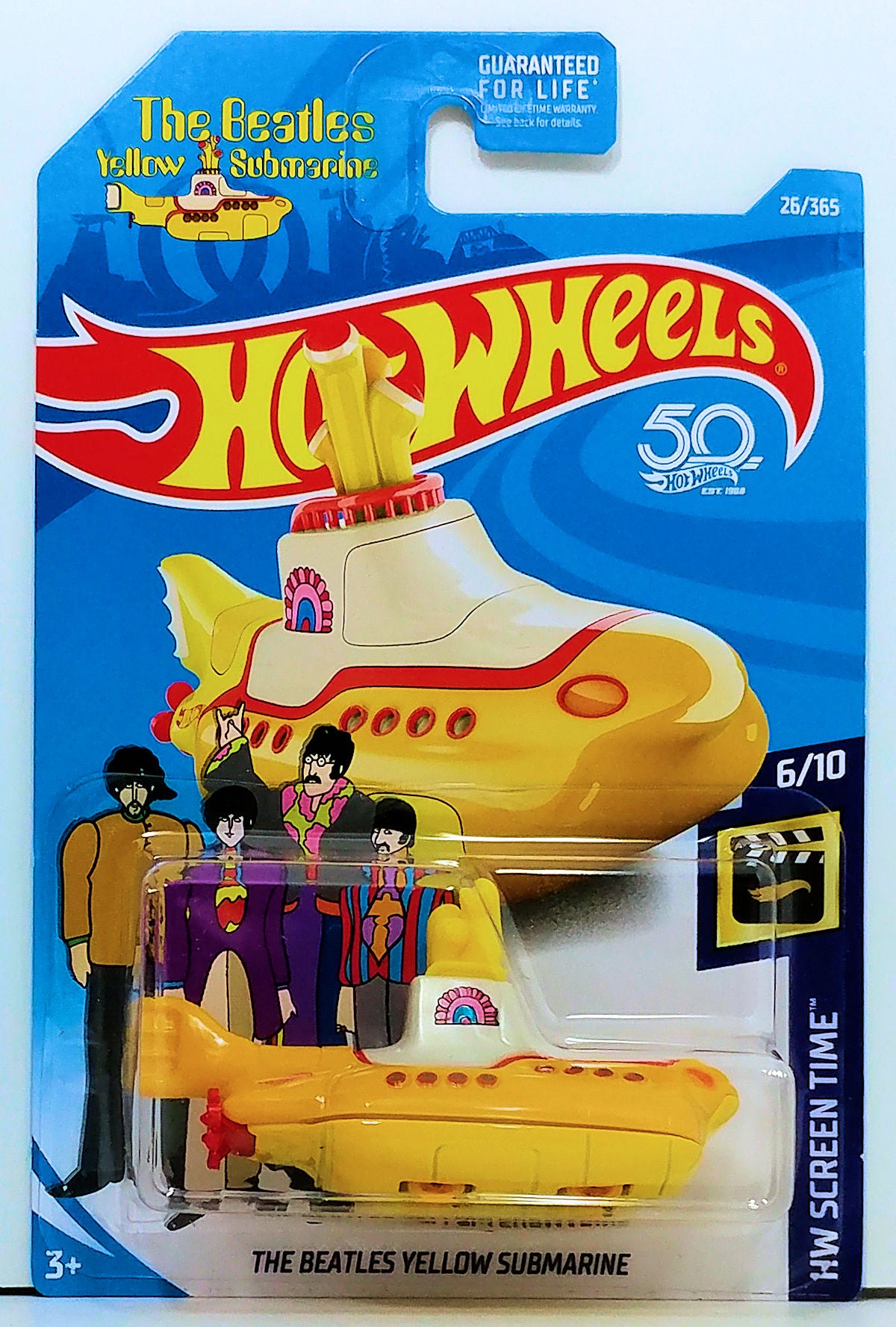 Hot Wheels 2018 - Collector # 026/365 - HW Screen Time 6/10 - The Beatles Yellow Submarine - Yellow / Various Graphics - USA 50th Card