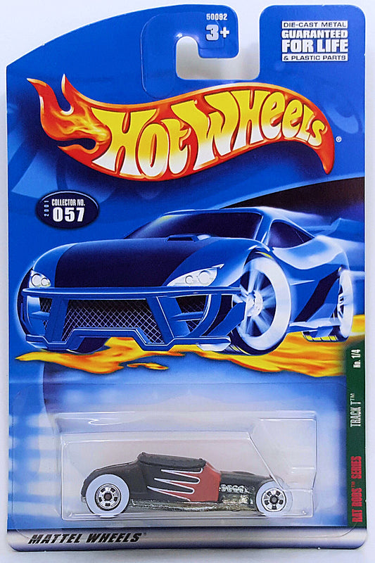 Hot Wheels 2001 - Collector # 057/240 - Rat Rods Series 1/4 - Track T - Matte Black / Brown Scallops - Basic Wheels with White Walls - USA