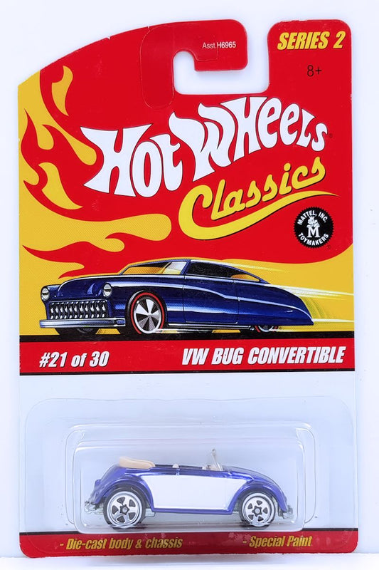 Hot Wheels 2006 - Classics Series 2 # 21/30 - VW Bug Convertible - Spectraflame Blue - White Side Panels - White Lines w/ 5 Spokes - Metal/Metal