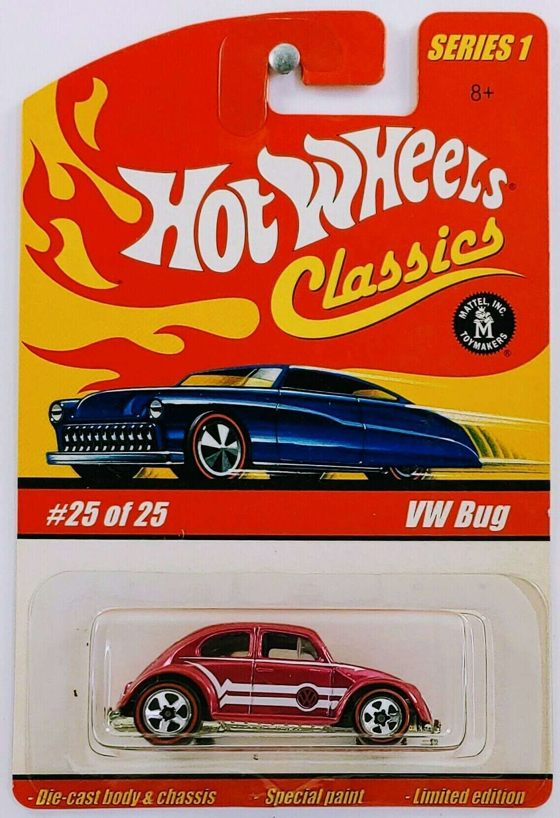 Hot Wheels 2005 - Classics Series 1 # 25/25 - VW Bug - Spectraflame Pink - Black Interior - Red Line 5 Spoke - Metal/Metal
