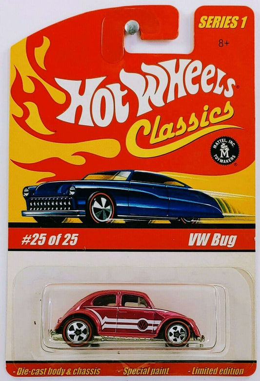 Hot Wheels 2005 - Classics Series 1 # 25/25 - VW Bug - Spectraflame Pink - Black Interior - Red Line 5 Spoke - Metal/Metal