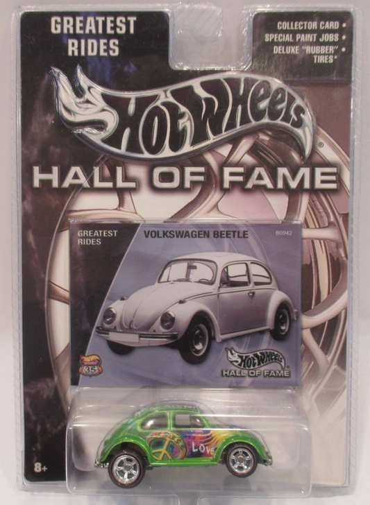 Hot Wheels 2003 - Hall of Fame / Greatest Rides - Volkswagen Beetle - Green / Hippie Style Graphics - Metal/Metal & Real Riders