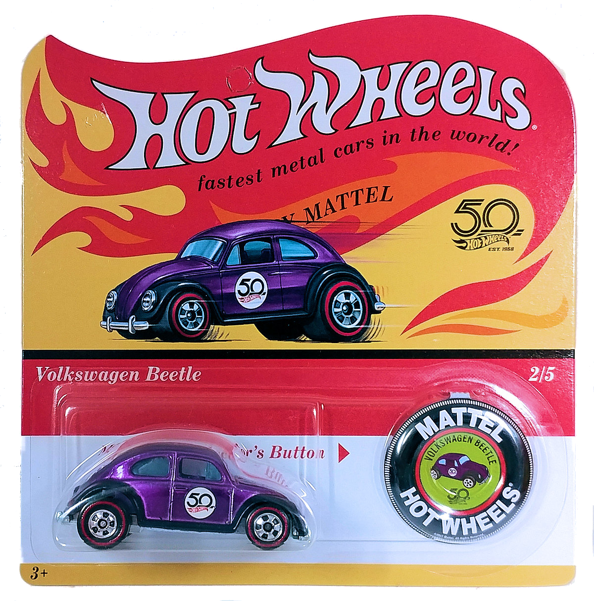 Hot Wheels 2018 - 50th Anniversary Originals Collection # 2/5 - Volkswagen Beetle - Spectraflame, Purple - RetroRL Wheels - Purple Interior - ZAMAC Metal Base - Retro Blister Card & Button