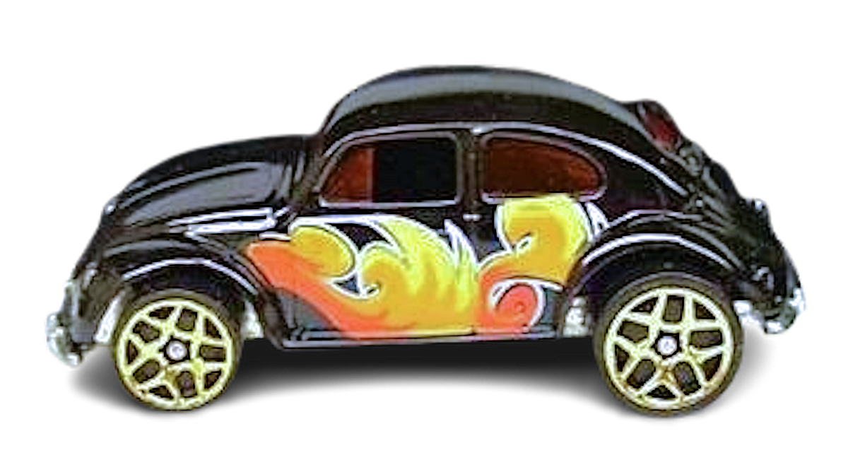 Hot Wheels 2006 - Collector # 197/223 - VW Bug - Black / Orange Red & Yellow Graphics - Gold Y5 Wheels - USA '06 Card