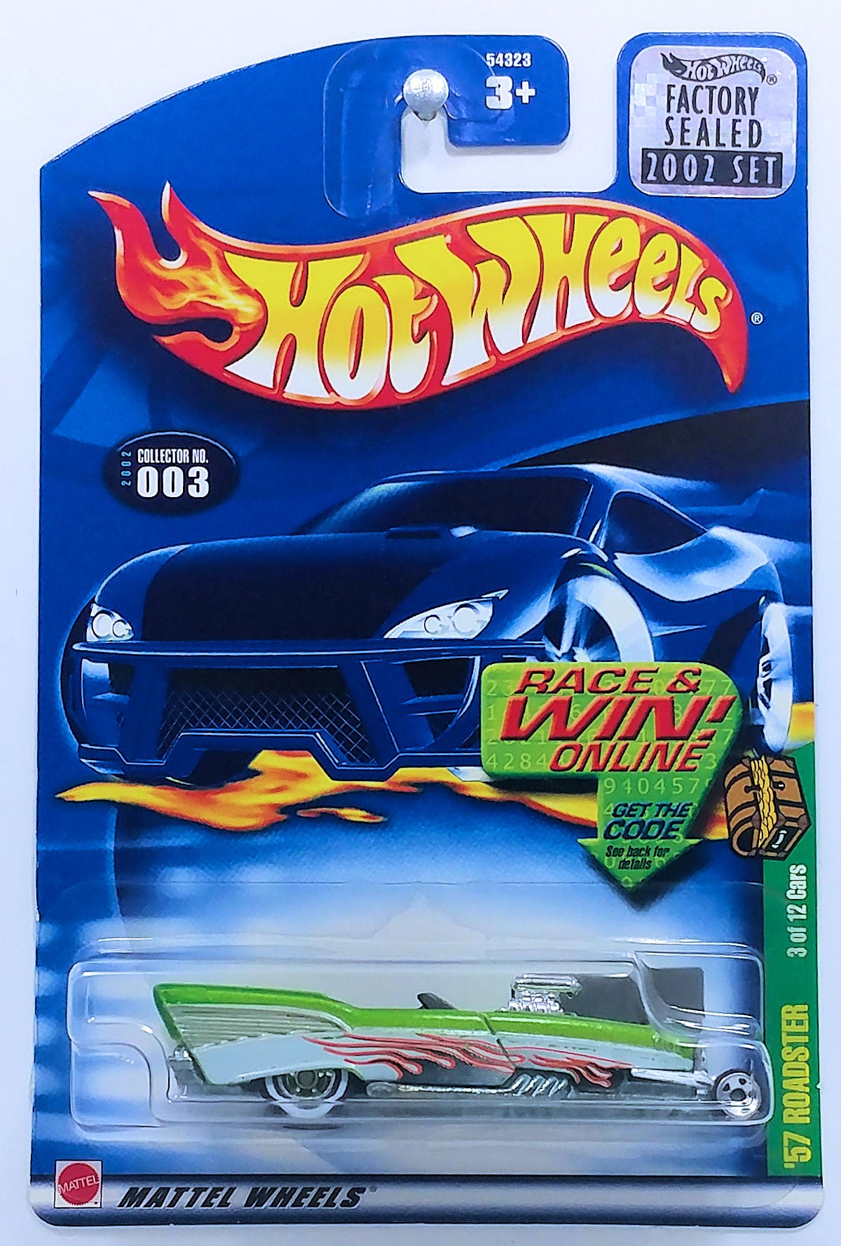 ﻿﻿Hot Wheels 2002 - Collector # 003/240 - Treasure Hunts 3/12 - '57 Roadster - USA Race & Win with Factory Sticker