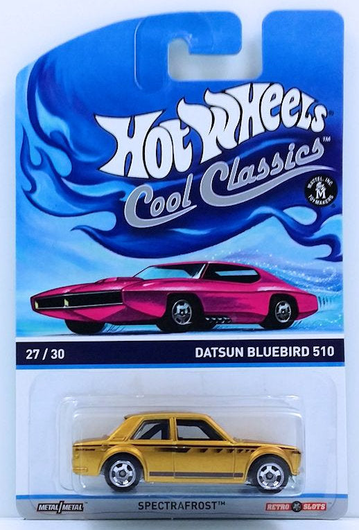 Hot Wheels 2014 - Cool Classics Series # 27/30 - Datsun Bluebird 510 - Spectrafrost Gold - Metal/Metal & Retro Slots - Pink Car Card