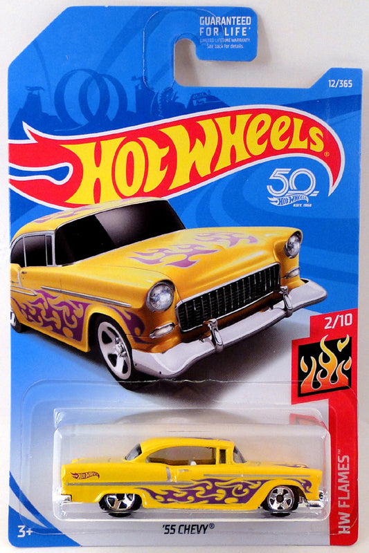 Hot Wheels 2018 - Collector # 012/365 - HW Flames 2/10 - '55 Chevy - Yellow - USA '50th' Card