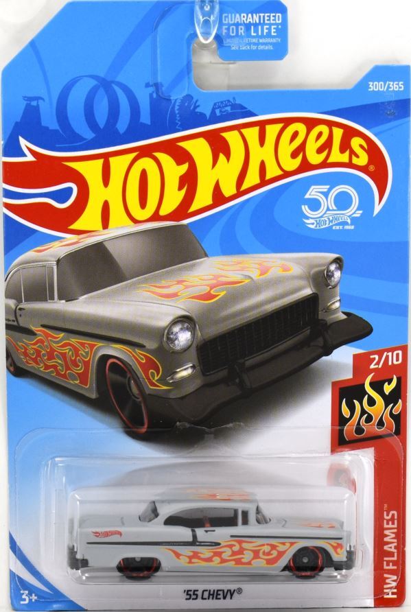 Hot Wheels 2018 - Collector # 300/365 - HW Flames 2/10 - '55 Chevy - Gray - USA