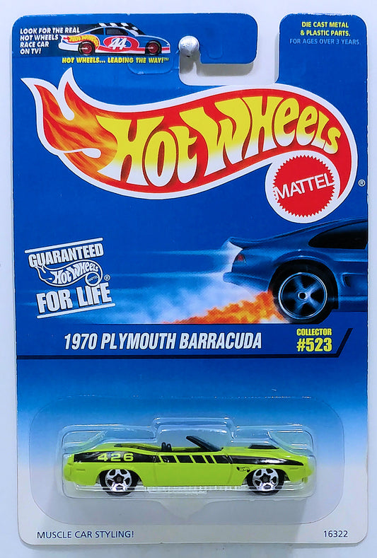 Hot Wheels 1997 - Collector # 523 - First Editions 8/12 - 1970 Plymouth Barracuda - Green - White Floorboard
