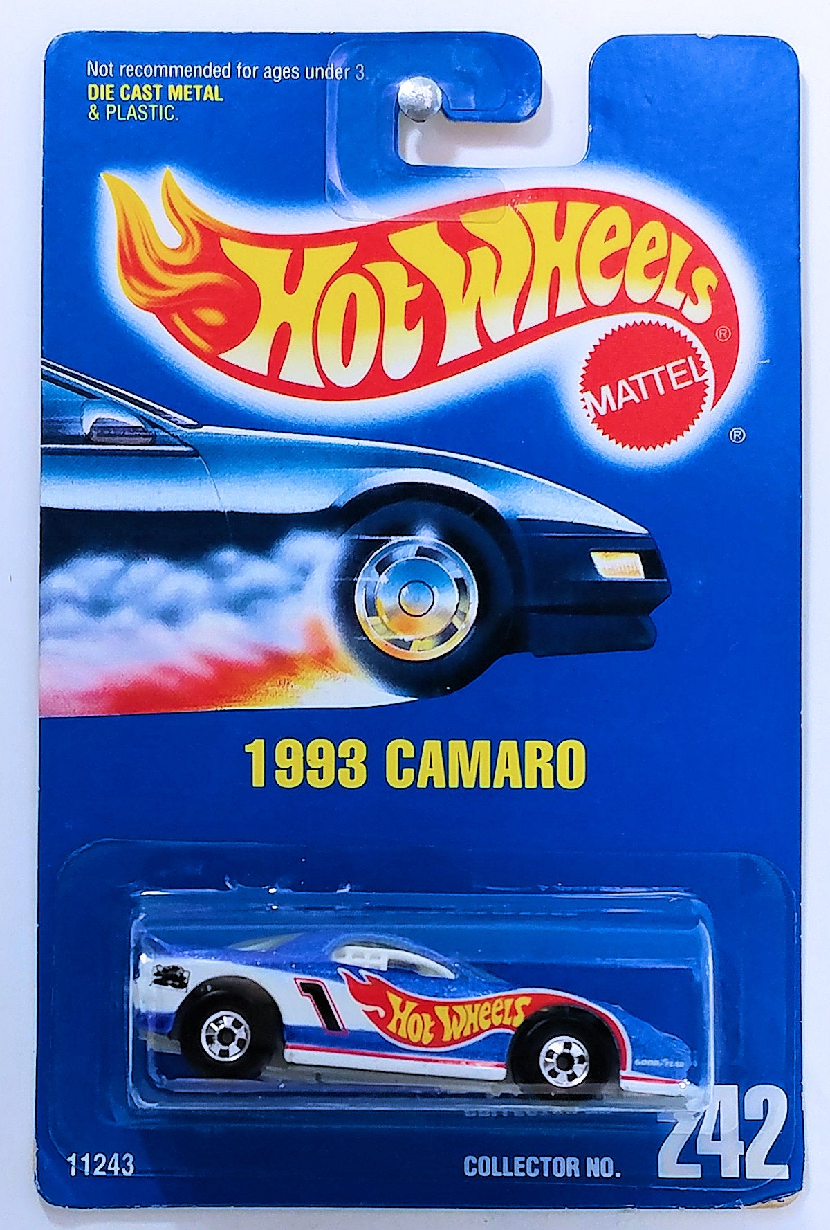 Hot Wheels 1994 - Collector # 242 - 1993 Camaro - Metalflake Blue - BW Wheels - Short Exhaust - White Interior - Name on Roof