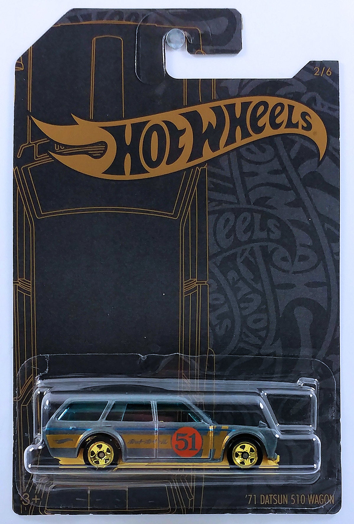 Hot Wheels 2019 - Satin & Chrome 2/6 - '71 Datsun 510 Wagon - Satin Gray - 51st Anniversary - Metal Body - Plastic Base - Gold 5 Spokes