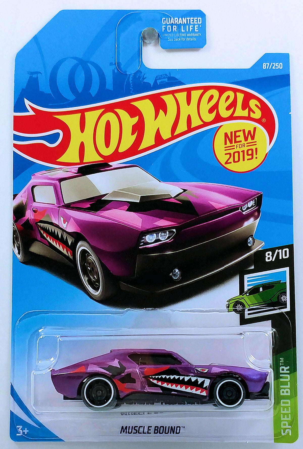 Hot Wheels 2019 - Collector # 087/250 - Speed Blur 8/10 - New Models - Muscle Bound - Purple / Shark Teeth - USA Card