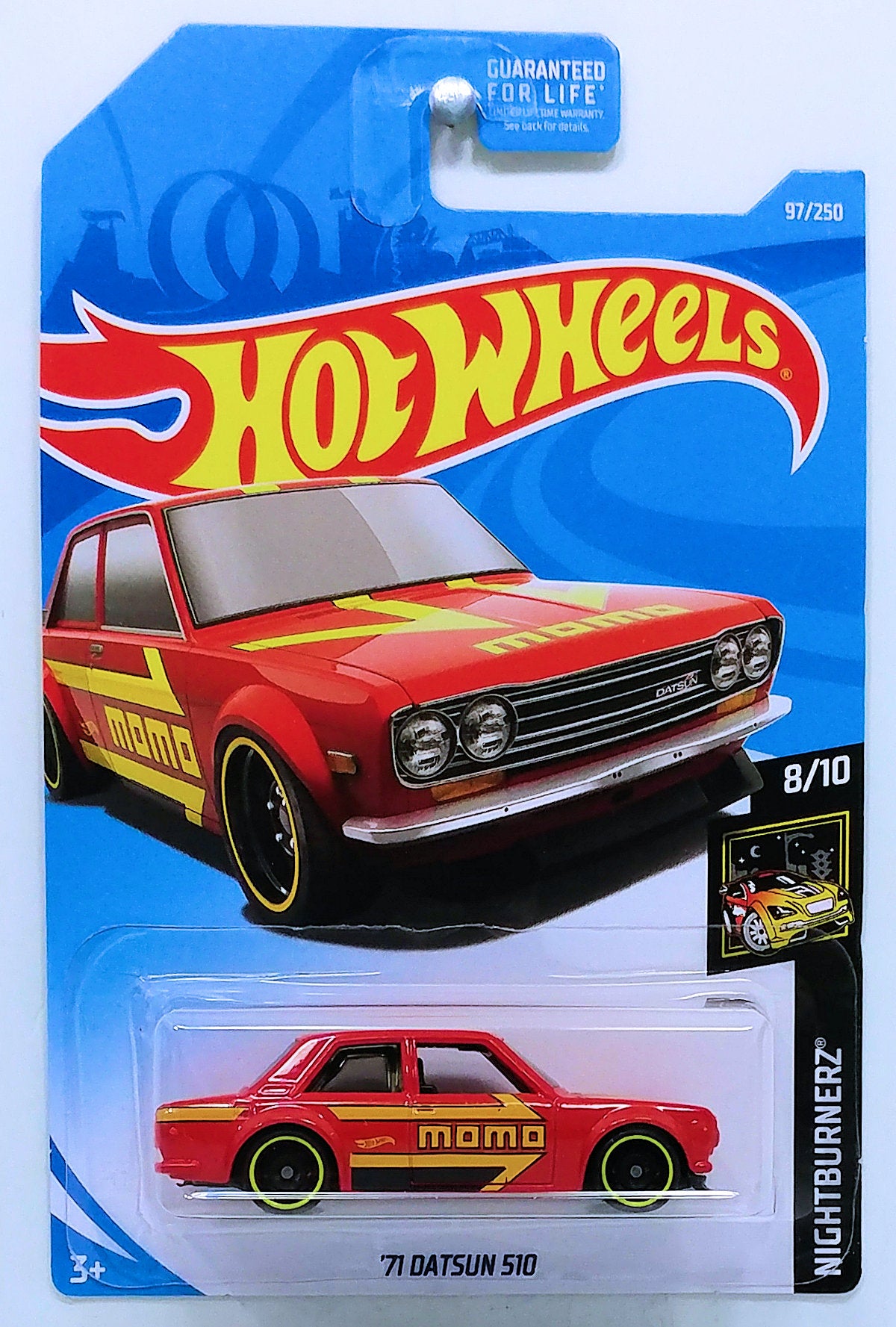 Hot Wheels 2019 - Collector # 097/250 - Nightburnerz 8/10 - '71 Datsun 510 - Red / MOMO - USA