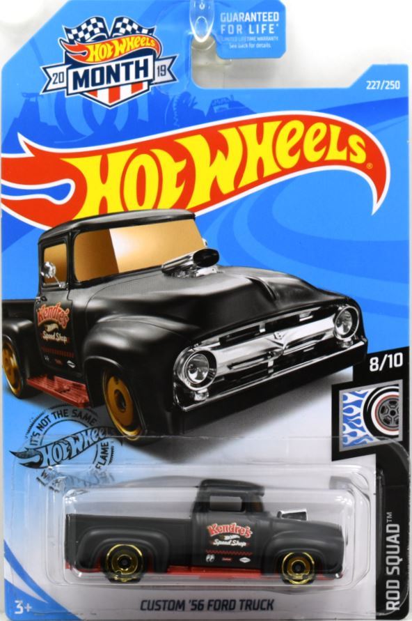 Hot Wheels 2019 - Collector # 227/250 - Rod Squad 8/10 - Custom '56 Ford Truck - Black - USA 'Month' Card