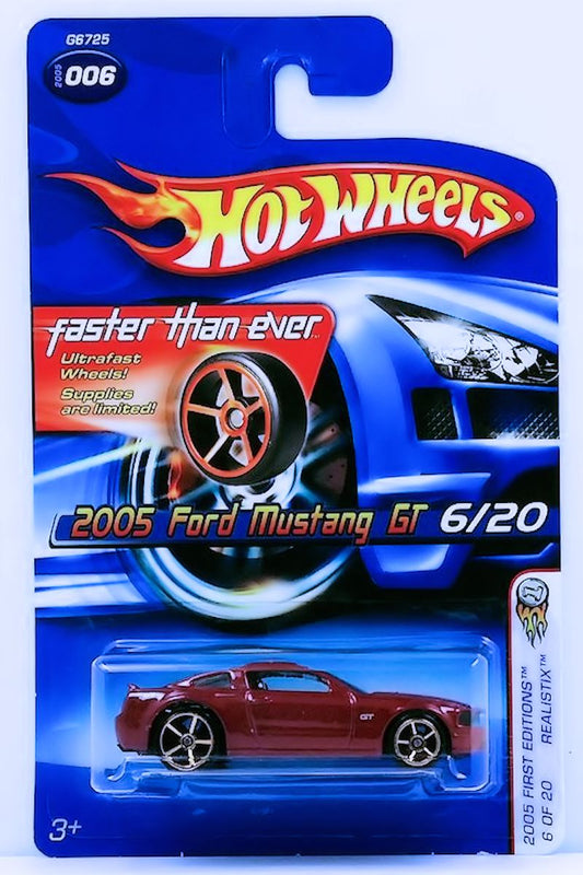Hot Wheels 2005 - Collector # 006/183 - First Editions / Realistix 6/20 - 2005 Ford Mustang GT - Dark Red - Faster Than Ever - Chrome Interior