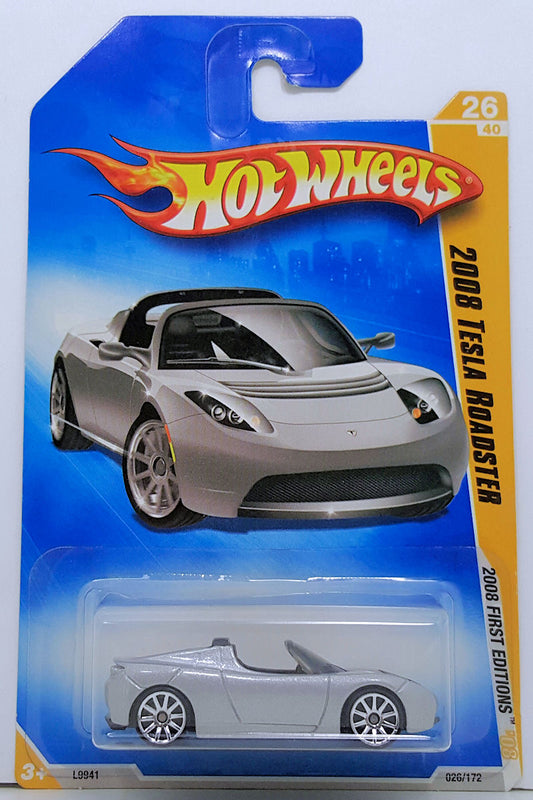 Hot Wheels 2008 - Collector # 026/172 - First Editions 26/40 - 2008 Tesla Roadster - Sliver - 10 Spokes - IC