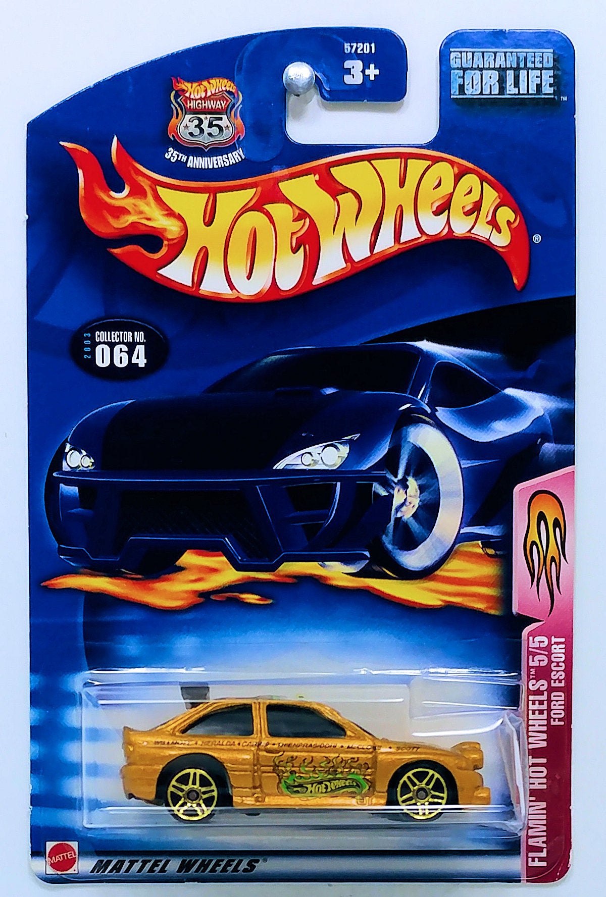 Hot Wheels 2003 - Collector # 064/220 - Flamin' HW Series 5/5 - Ford Escort - Gold - Black Plastic Window and Smoked Rear Wing